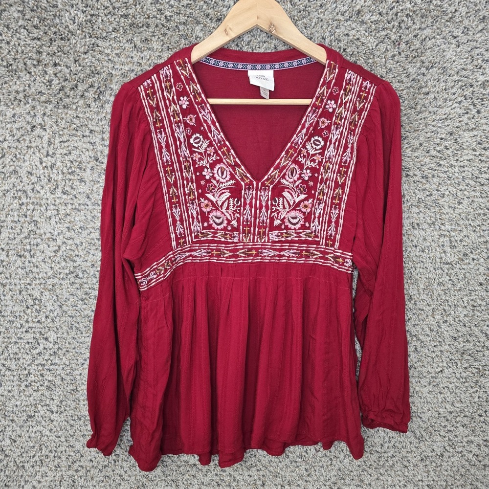 Knox Rose Top Womens Small‎ Burgundy Boho V Neck Embroidered Long Sleeve Blouse